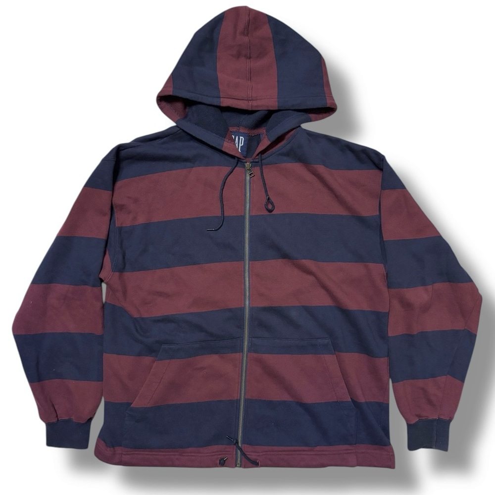 GAP Rugby Stripe Zip Front Hooded French Terry Jacket Navy & Maroon